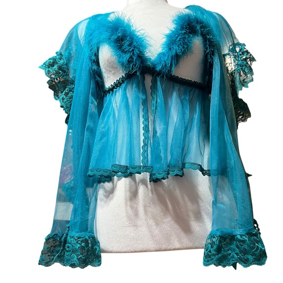 Vintage Frederick's of Hollywood Teal Feather Trim Sheer Babydoll Robe Y2K - Picture 3 of 13